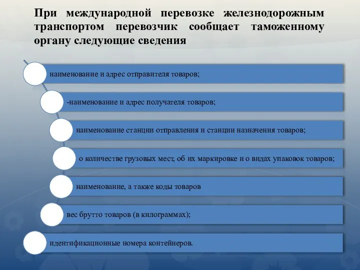 При международной перевозке железнодорожным транспортом перевозчик сообщает таможенному органу следующие сведения