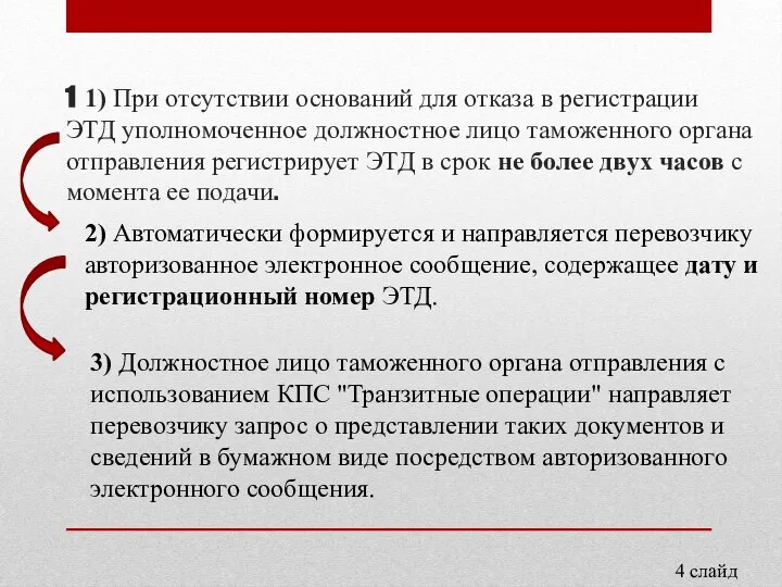 1 1) При отсутствии оснований для отказа в регистрации ЭТД уполномоченное