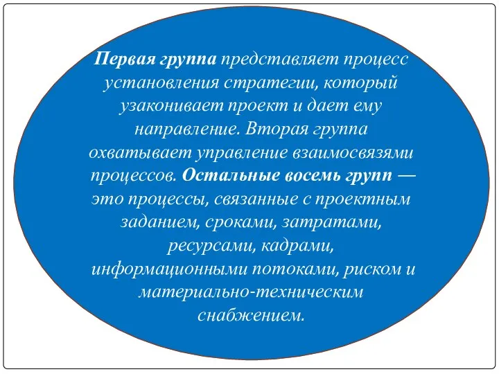 Первая группа представляет процесс установления стратегии, который узаконивает проект и дает