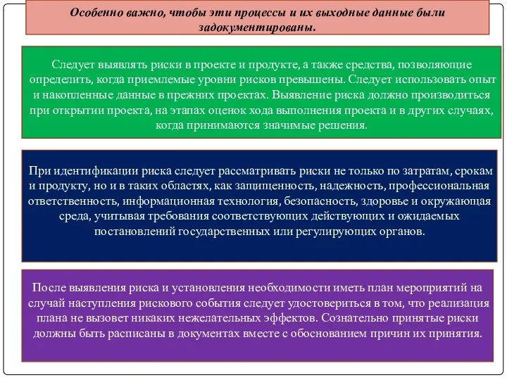 Следует выявлять риски в проекте и продукте, а также средства, позволяющие