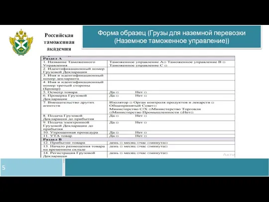 Российская таможенная академия Форма образец (Грузы для наземной перевозки (Наземное таможенное управление)) 5