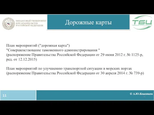 © А.Ю.Кожанков Дорожные карты План мероприятий ("дорожная карта") "Совершенствование таможенного администрирования