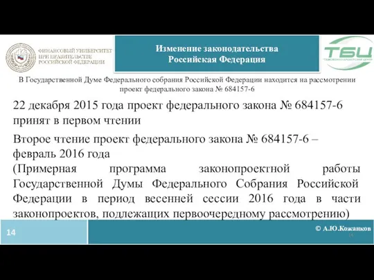 © А.Ю.Кожанков Изменение законодательства Российская Федерация В Государственной Думе Федерального собрания