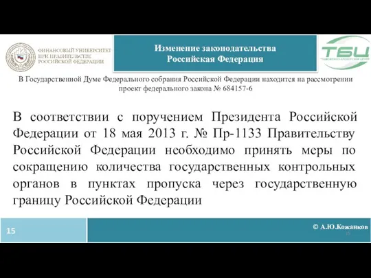 © А.Ю.Кожанков Изменение законодательства Российская Федерация В Государственной Думе Федерального собрания