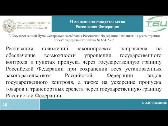 © А.Ю.Кожанков Изменение законодательства Российская Федерация В Государственной Думе Федерального собрания