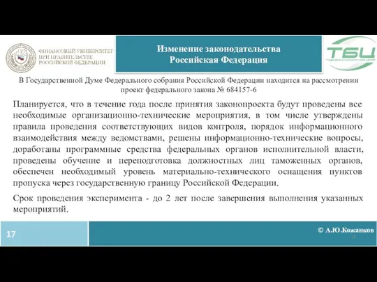 © А.Ю.Кожанков Изменение законодательства Российская Федерация В Государственной Думе Федерального собрания