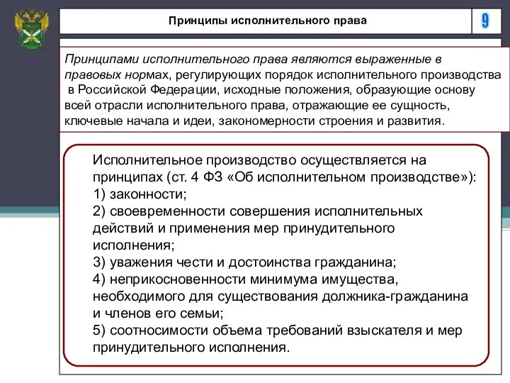 9 Принципы исполнительного права Принципами исполнительного права являются выраженные в правовых