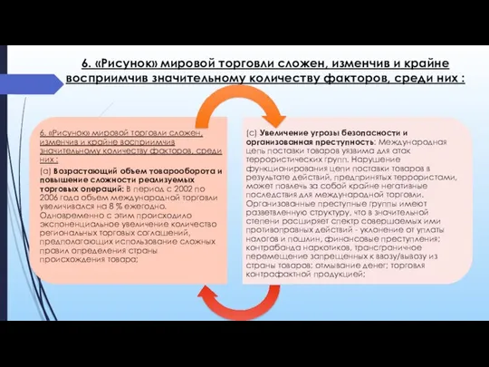 6. «Рисунок» мировой торговли сложен, изменчив и крайне восприимчив значительному количеству факторов, среди них :