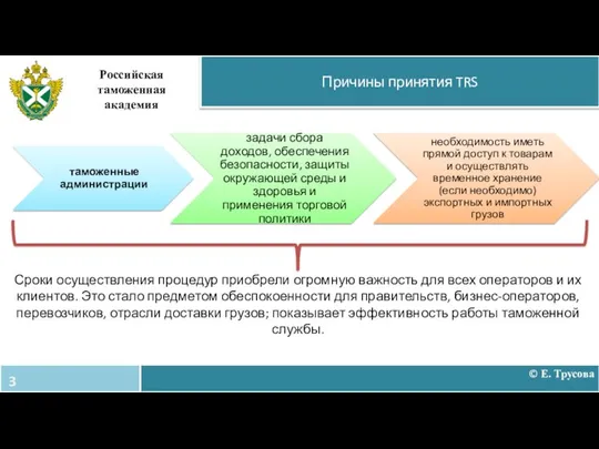 Причины принятия TRS Российская таможенная академия © Е. Трусова Сроки осуществления