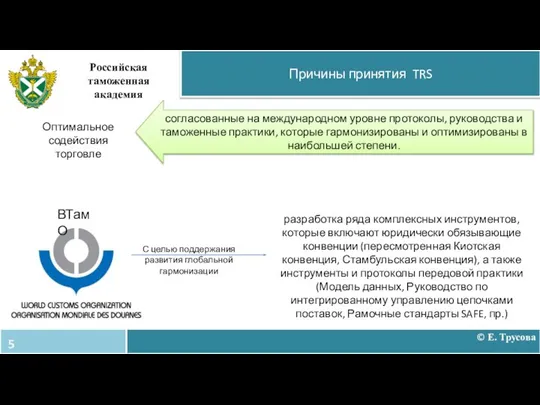 Причины принятия TRS Российская таможенная академия разработка ряда комплексных инструментов, которые