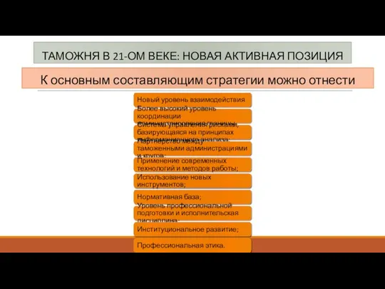 К основным составляющим стратегии можно отнести ТАМОЖНЯ В 21-ОМ ВЕКЕ: НОВАЯ АКТИВНАЯ ПОЗИЦИЯ