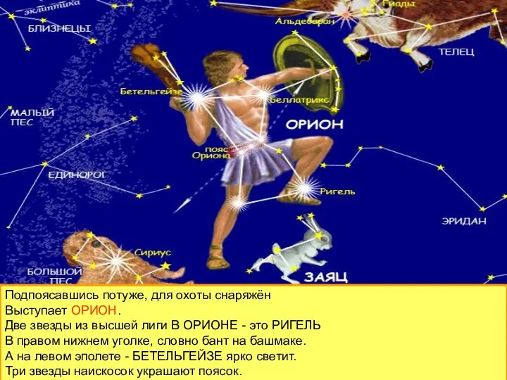 Подпоясавшись потуже, для охоты снаряжён Выступает ОРИОН. Две звезды из высшей