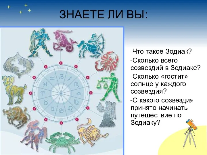 ЗНАЕТЕ ЛИ ВЫ: -Что такое Зодиак? -Сколько всего созвездий в Зодиаке?