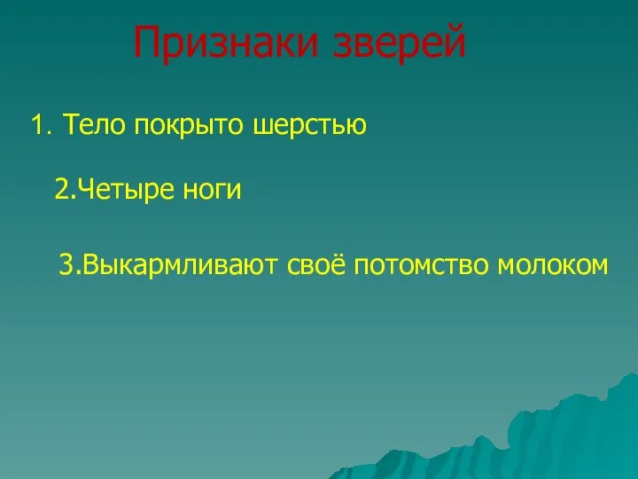 Признаки зверей Тело покрыто шерстью 2.Четыре ноги 3.Выкармливают своё потомство молоком