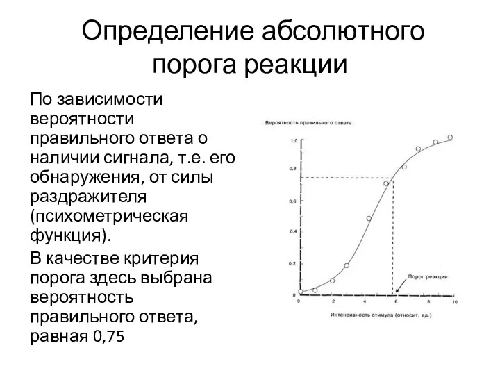 Определение абсолютного порога реакции По зависимости вероятности правильного ответа о наличии