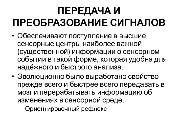 ПЕРЕДАЧА И ПРЕОБРАЗОВАНИЕ СИГНАЛОВ Обеспечивают поступление в высшие сенсорные центры наиболее