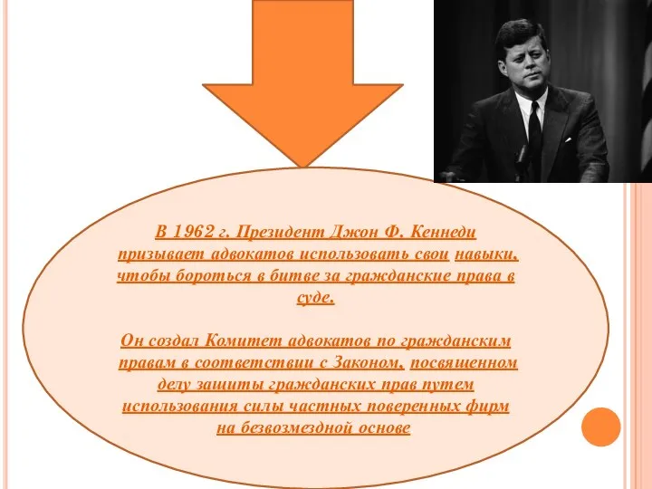 В 1962 г. Президент Джон Ф. Кеннеди призывает адвокатов использовать свои