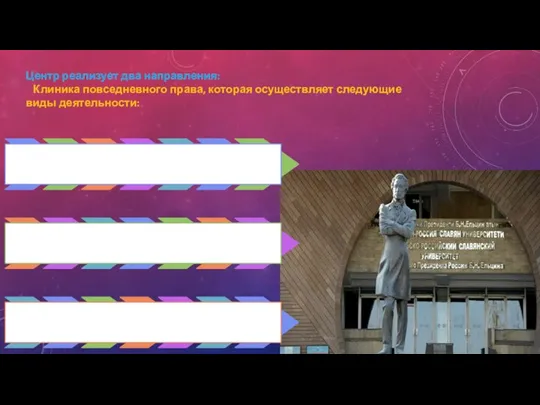 Центр реализует два направления: Клиника повседневного права, которая осуществляет следующие виды деятельности: