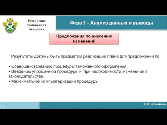 Результаты должны быть предметом реализации плана для предложений по: • Совершенствованию