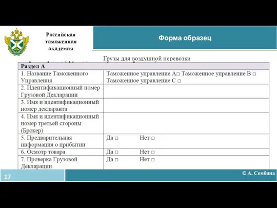 © А. Сембина Форма образец Грузы для воздушной перевозки Российская таможенная академия