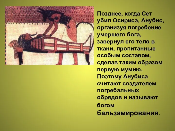 Позднее, когда Сет убил Осириса, Анубис, организуя погребение умершего бога, завернул