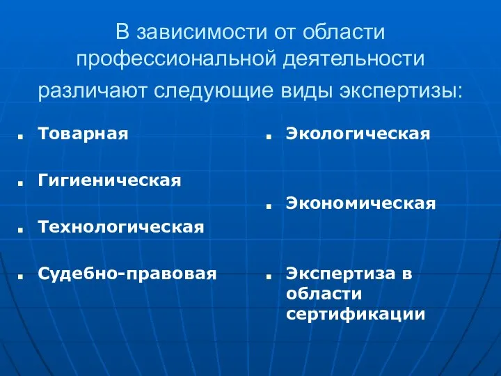 В зависимости от области профессиональной деятельности различают следующие виды экспертизы: Товарная