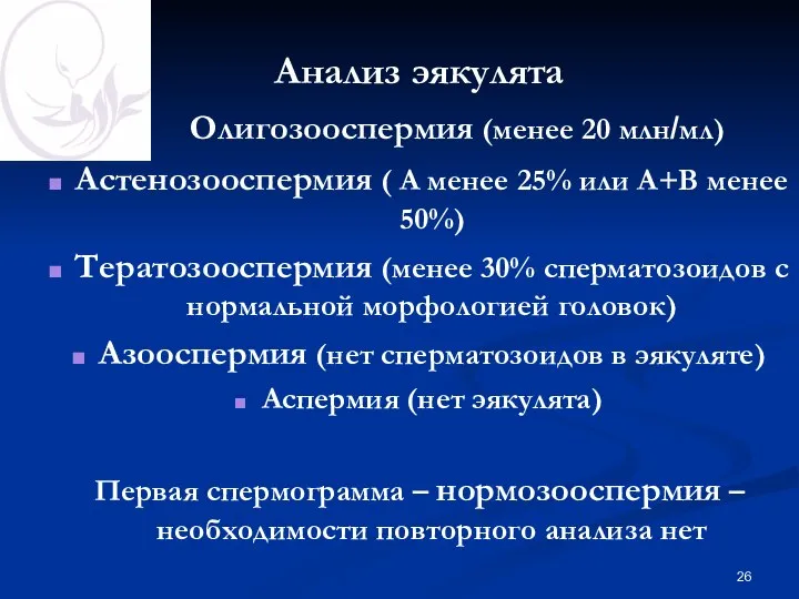 Анализ эякулята Олигозооспермия (менее 20 млн/мл) Астенозооспермия ( А менее 25%