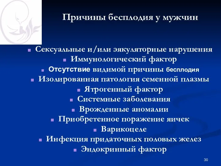 Причины бесплодия у мужчин Сексуальные и/или эякуляторные нарушения Иммунологический фактор Отсутствие