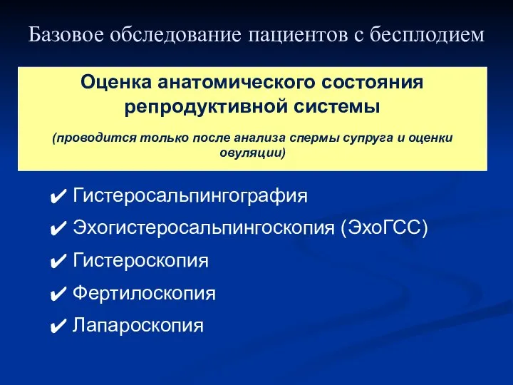 Базовое обследование пациентов с бесплодием Гистеросальпингография Эхогистеросальпингоскопия (ЭхоГСС) Гистероскопия Фертилоскопия Лапароскопия