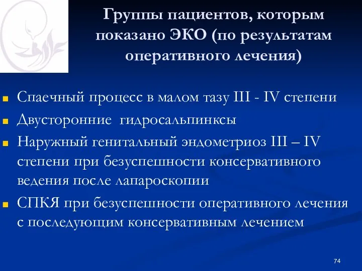 Группы пациентов, которым показано ЭКО (по результатам оперативного лечения) Спаечный процесс