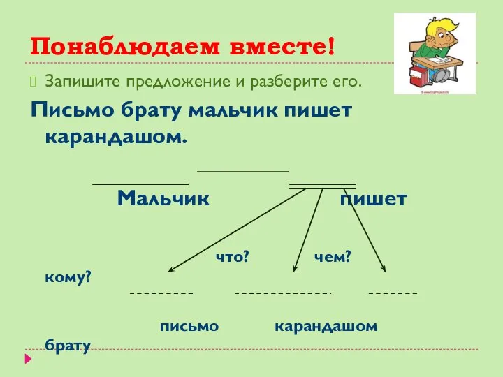 Понаблюдаем вместе! Запишите предложение и разберите его. Письмо брату мальчик пишет