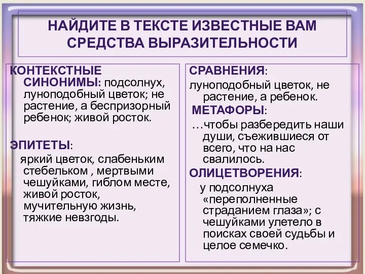 Найдите в тексте известные вам средства выразительности Контекстные синонимы: подсолнух, луноподобный