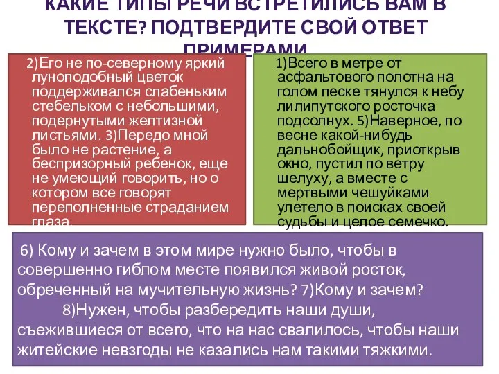 Какие типы речи встретились вам в тексте? Подтвердите свой ответ примерами