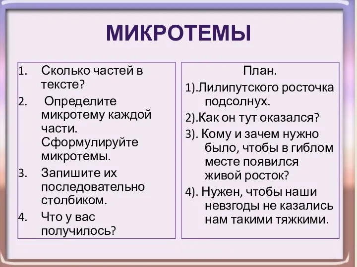 Микротемы Сколько частей в тексте? Определите микротему каждой части. Сформулируйте микротемы.