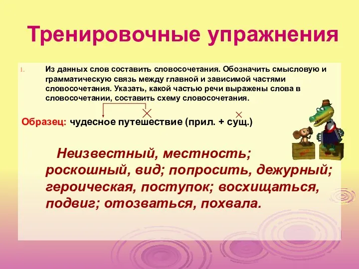 Тренировочные упражнения Из данных слов составить словосочетания. Обозначить смысловую и грамматическую