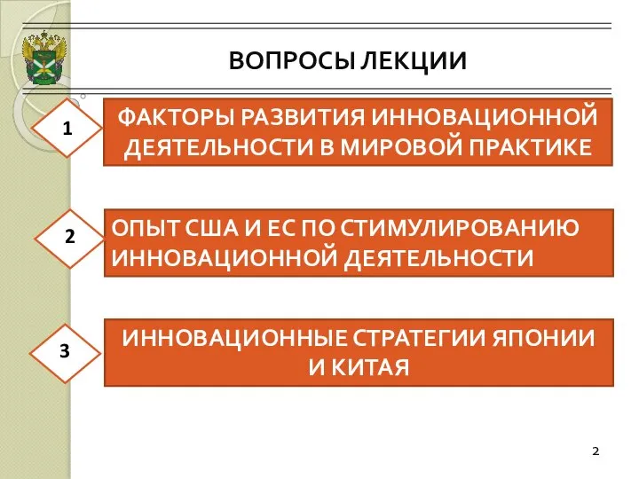 ВОПРОСЫ ЛЕКЦИИ 2 ФАКТОРЫ РАЗВИТИЯ ИННОВАЦИОННОЙ ДЕЯТЕЛЬНОСТИ В МИРОВОЙ ПРАКТИКЕ ОПЫТ