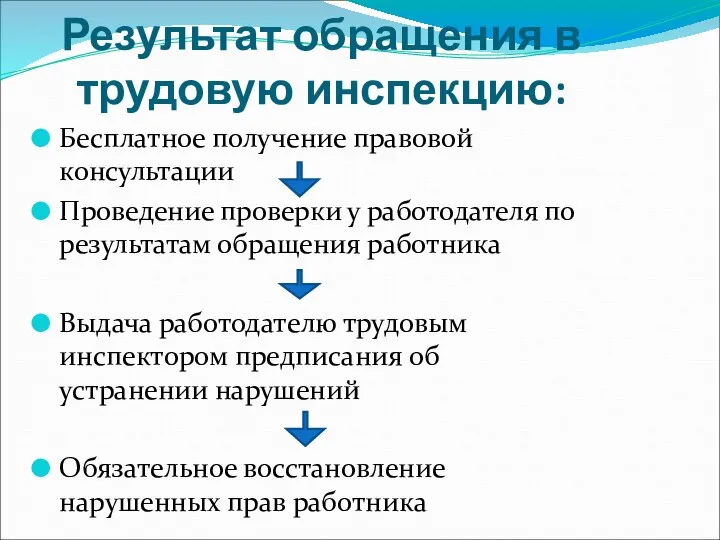 Результат обращения в трудовую инспекцию: Бесплатное получение правовой консультации Проведение проверки