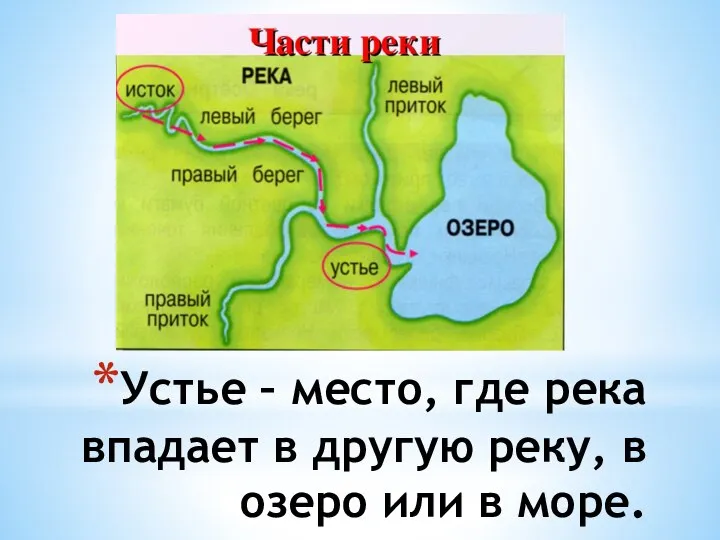 Устье – место, где река впадает в другую реку, в озеро или в море.