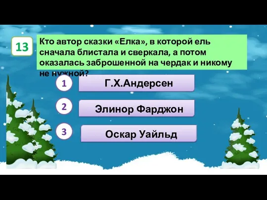 Г.Х.Андерсен Оскар Уайльд Элинор Фарджон Кто автор сказки «Елка», в которой