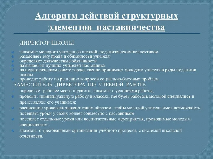 Алгоритм действий структурных элементов наставничества ДИРЕКТОР ШКОЛЫ знакомит молодого учителя со