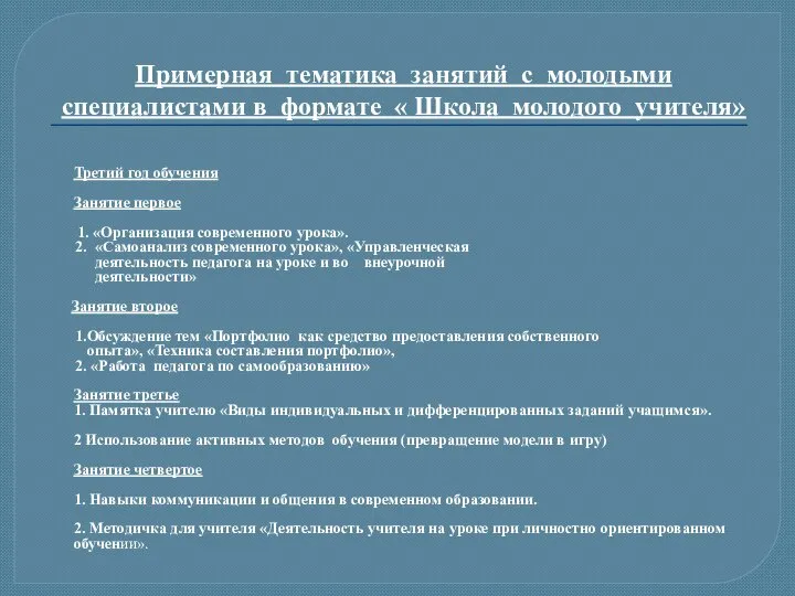 Примерная тематика занятий с молодыми специалистами в формате « Школа молодого