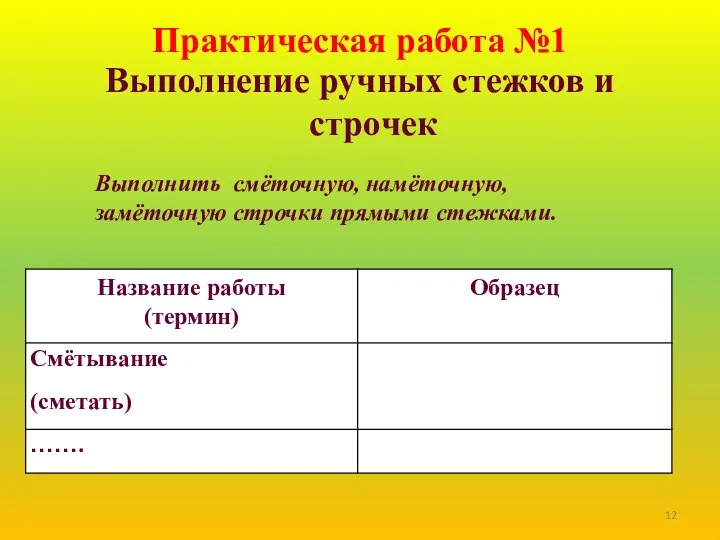 Практическая работа №1 Выполнение ручных стежков и строчек Выполнить смёточную, намёточную, замёточную строчки прямыми стежками.