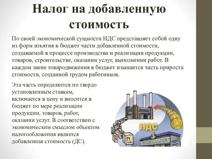 Налог на добавленную стоимость По своей экономической сущности НДС представляет собой