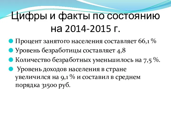 Цифры и факты по состоянию на 2014-2015 г. Процент занятого населения