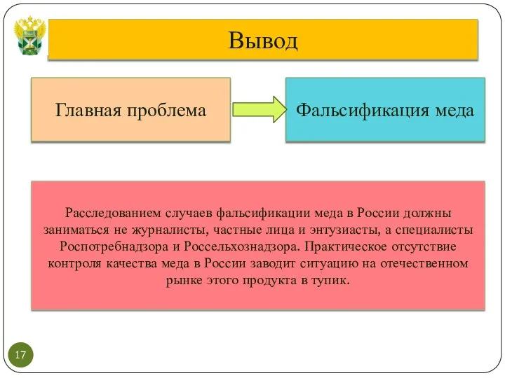 Вывод Главная проблема Фальсификация меда Расследованием случаев фальсификации меда в России