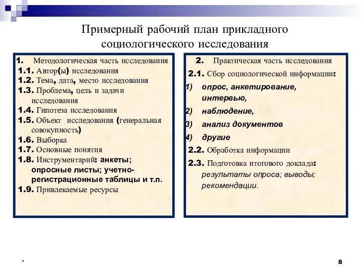 * Примерный рабочий план прикладного социологического исследования Методологическая часть исследования 1.1.