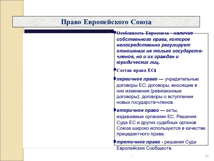 Право Европейского Союза Особенность Евросоюза - наличие собственного права, которое непосредственно