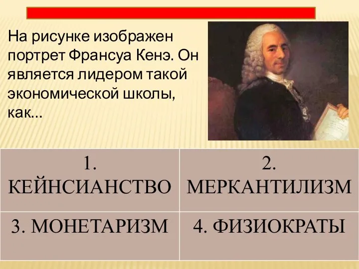 На рисунке изображен портрет Франсуа Кенэ. Он является лидером такой экономической школы, как…