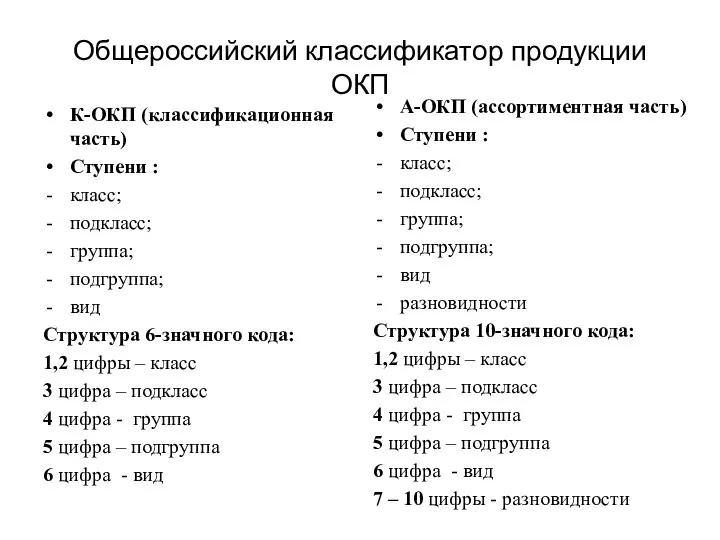 Общероссийский классификатор продукции ОКП К-ОКП (классификационная часть) Ступени : класс; подкласс;