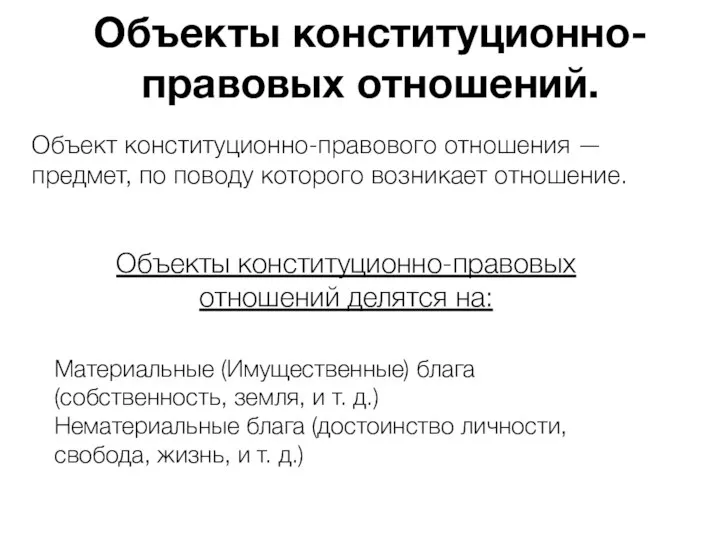 Объекты конституционно-правовых отношений. Объект конституционно-правового отношения — предмет, по поводу которого